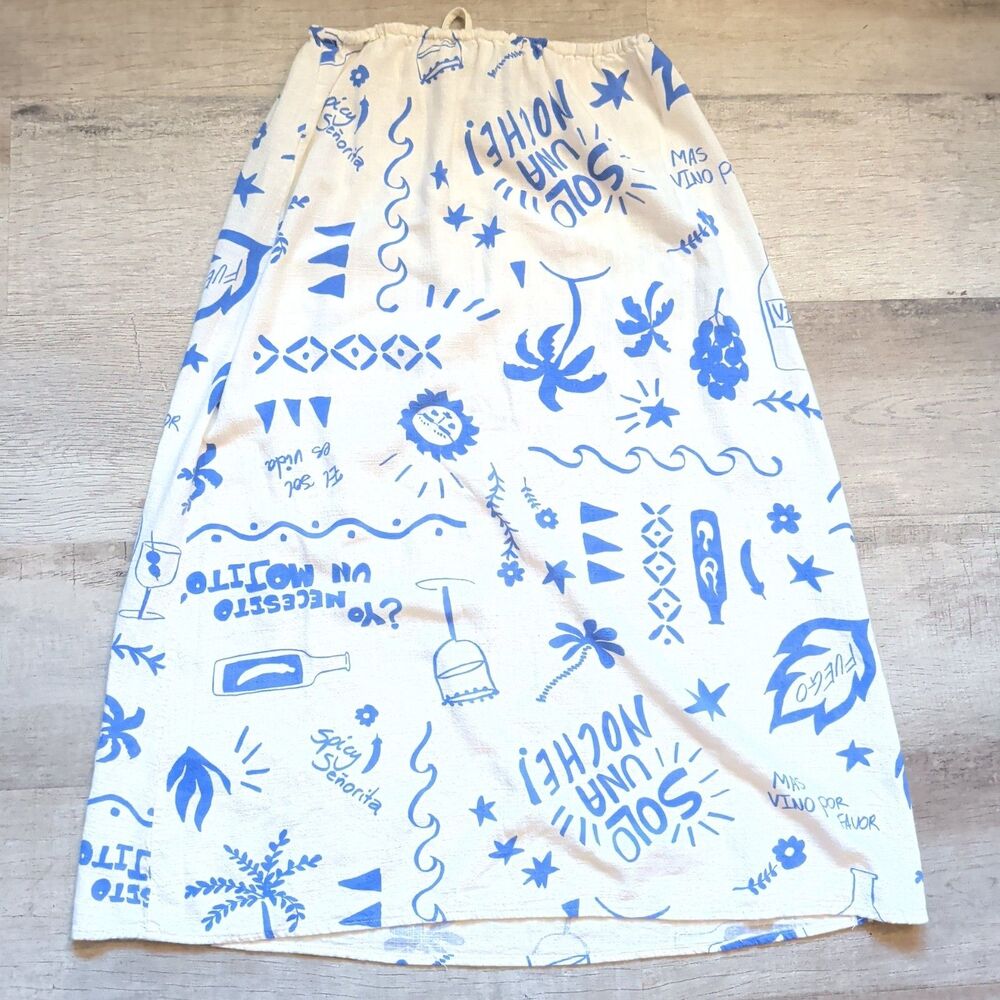 Paper Heart Blue White Resort Maxi Skirt Linen S Vacation Print Drawstring